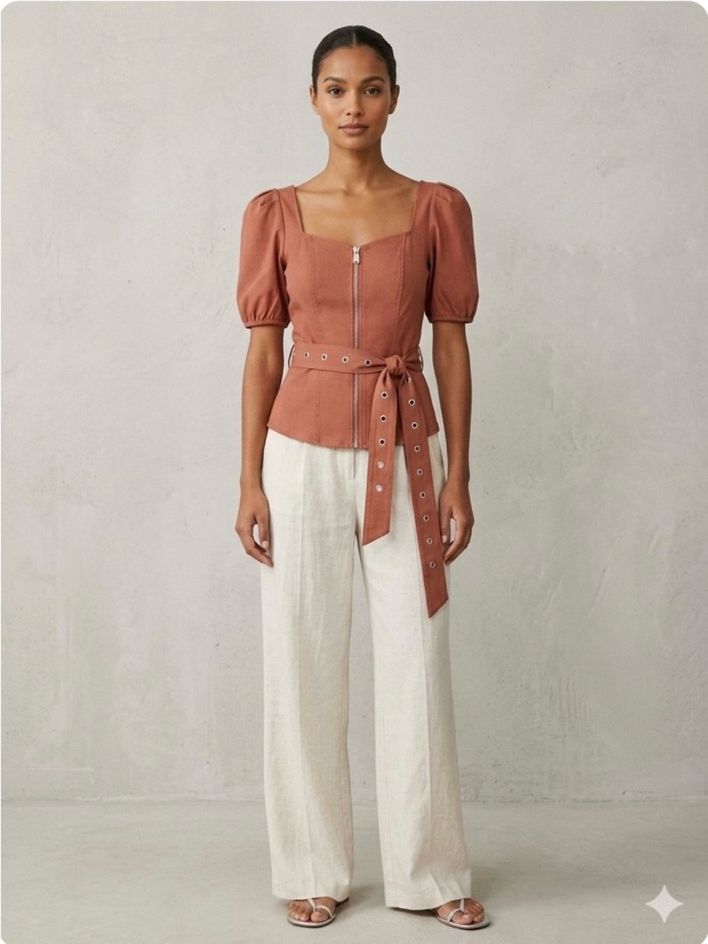 Haute Monde Terracotta Square-Neck Puff Sleeve Zip Top